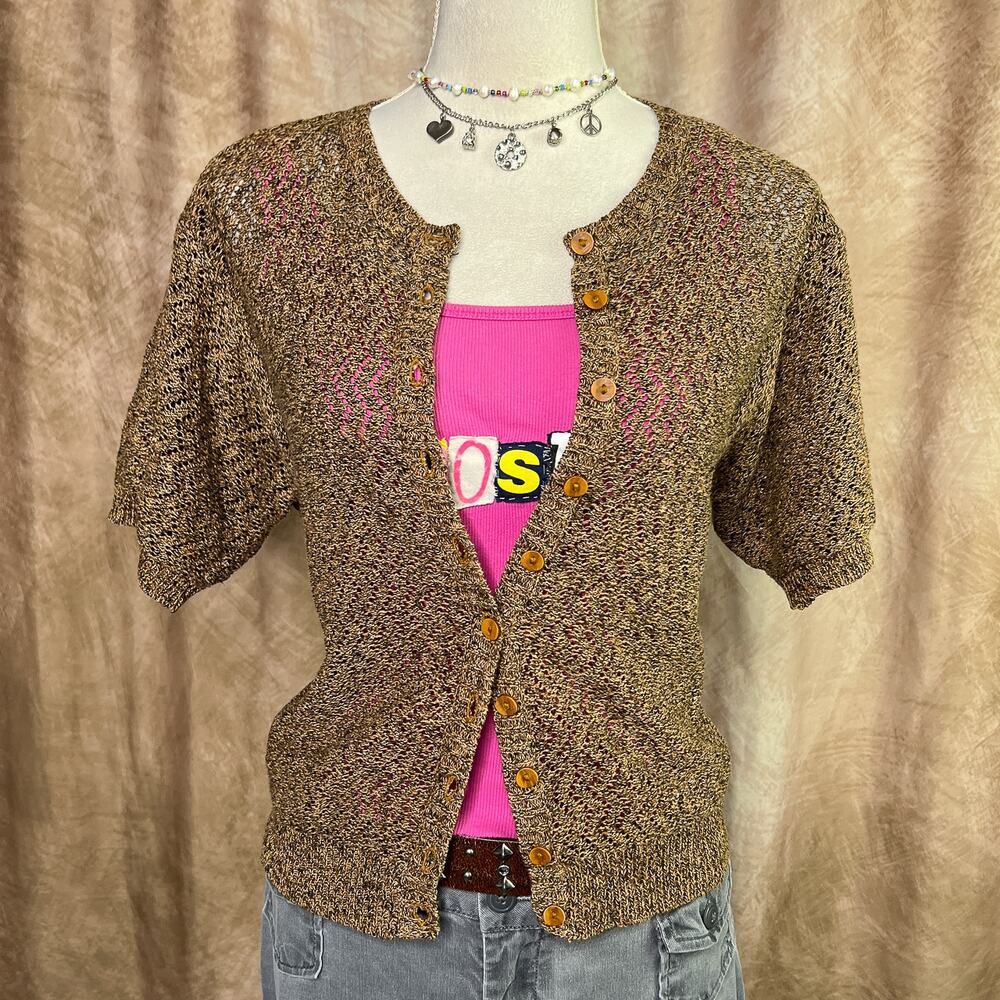 Vintage Crochet Cardigan Sweater 90s Open Knit Short Sleeve Brown Y2K Fall
